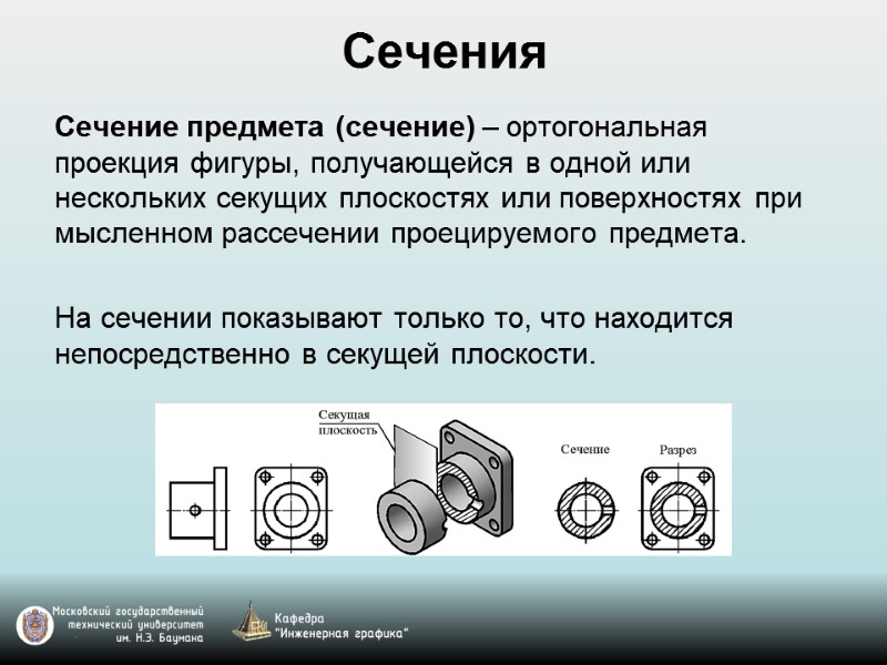 Сечения Сечение предмета (сечение) – ортогональная проекция фигуры, получающейся в одной или нескольких секущих